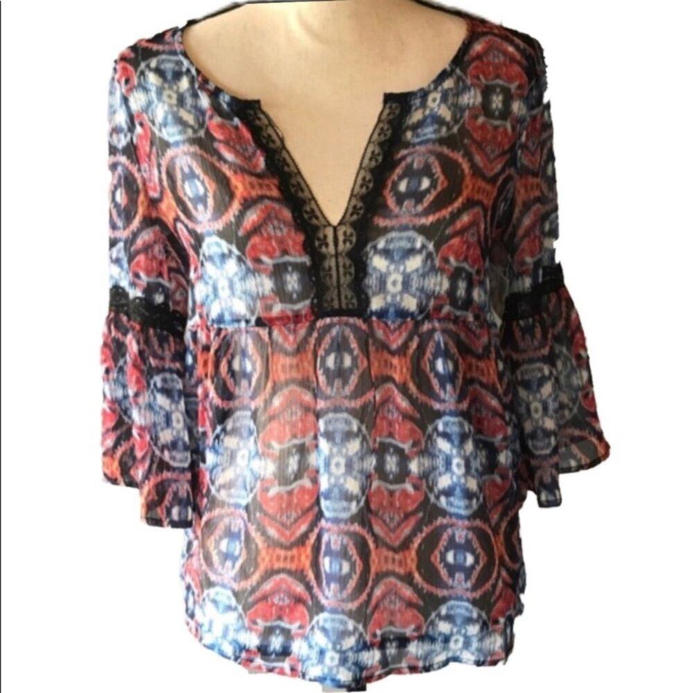 Petticoat Alley Multicolor Blouse Sheer Bell Sleeve Shirt Womens Size Small NWT